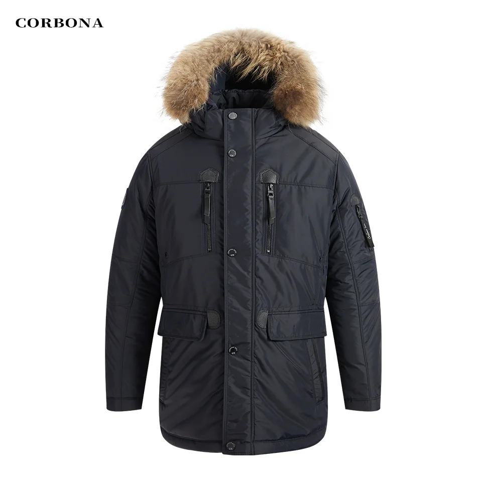 CORBONA-abrigo de invierno con múltiples bolsillos para hombre, Parka informal de gran tamaño con forro de algodón y piel Real, visualización de