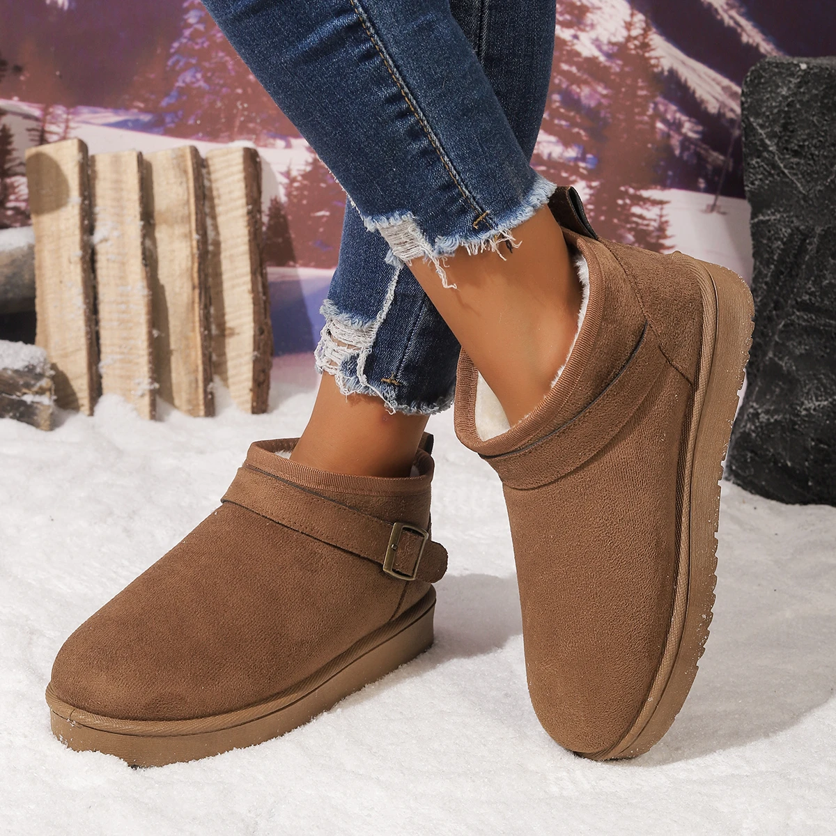 Black Faux Suede Short Plush Snow Boots Women Winter Fashion Buckle Non Slip Thick Sole Warm Booties Mujer Cotton Padded Shoes view 3