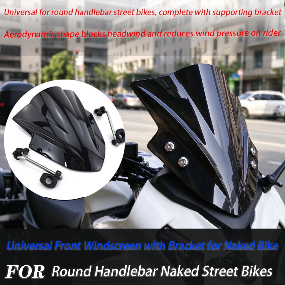 For Naked Street Bike Universal Front Windscreen with Bracket, Round Handlebar Modified Wind Screen Mod Accessories