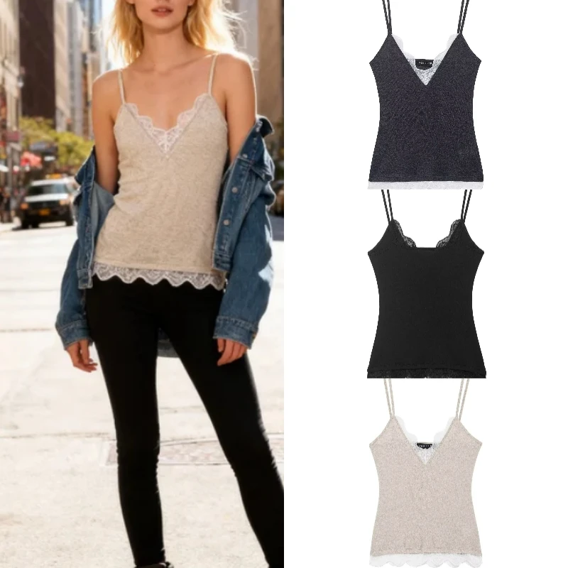 

Осенняя мода 2025 года, модный сексуальный популярный универсальный женский кружевной топ-бретелька