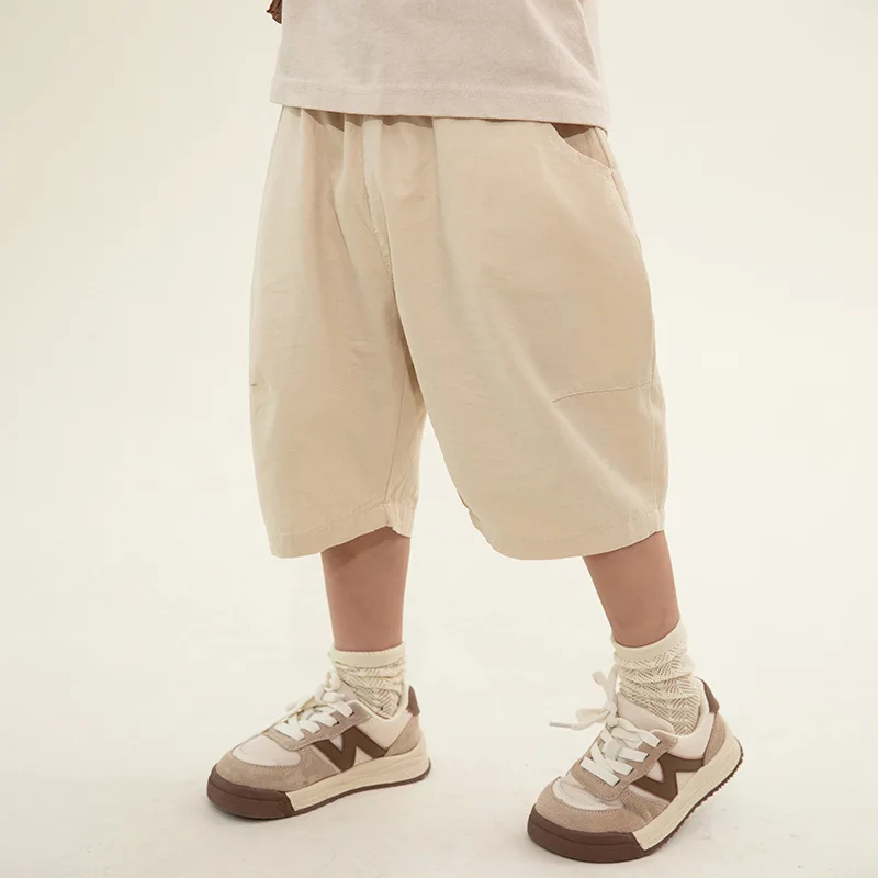 Children Clothes Boy Cropped Pants 2024 Summer New Fashionable Korean Style Solid Color Thin Pants Loose Simple Casual Pants