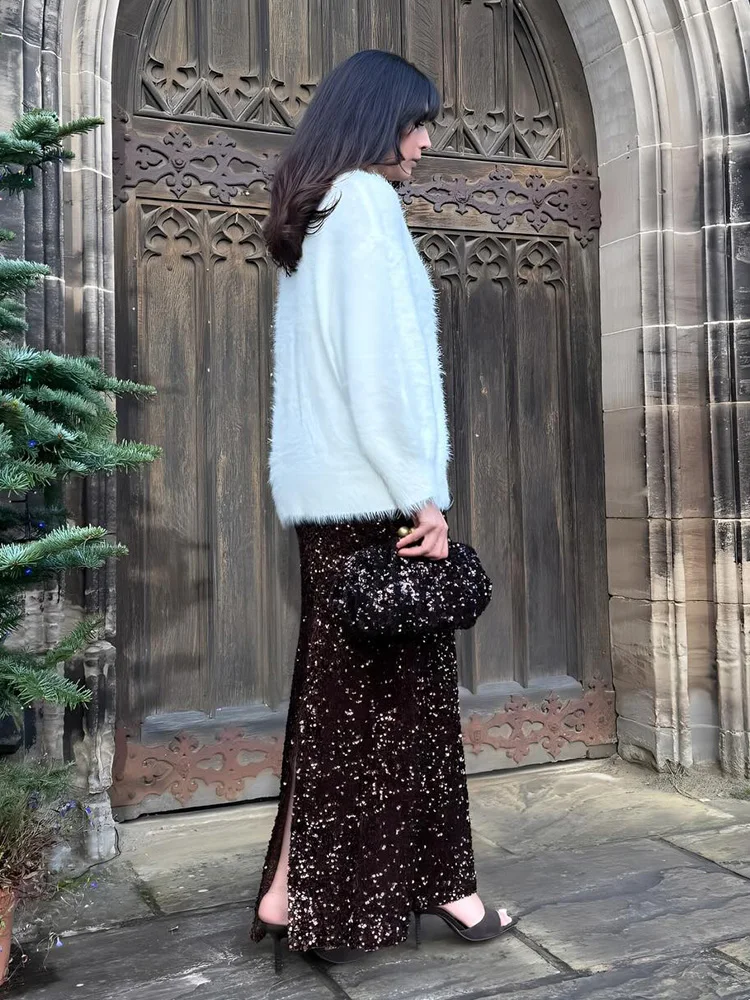 HH Trendy Women's Summer Fashion Elegant Party Skirts Solid High Waist Sequin Decoration Slit Female Sexy Slim Long Skirt Skirt