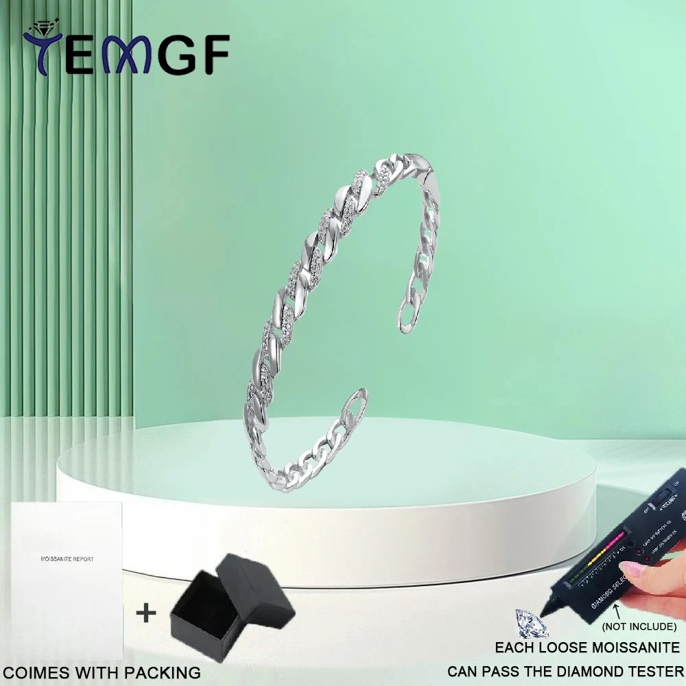 

TEMGF S925 Sterling Silver Cuff Bracelet 1mm/1.25mm Moissanite Fine Bracelet for Women Luxury Sparkling Jewelry Surprise Gifts