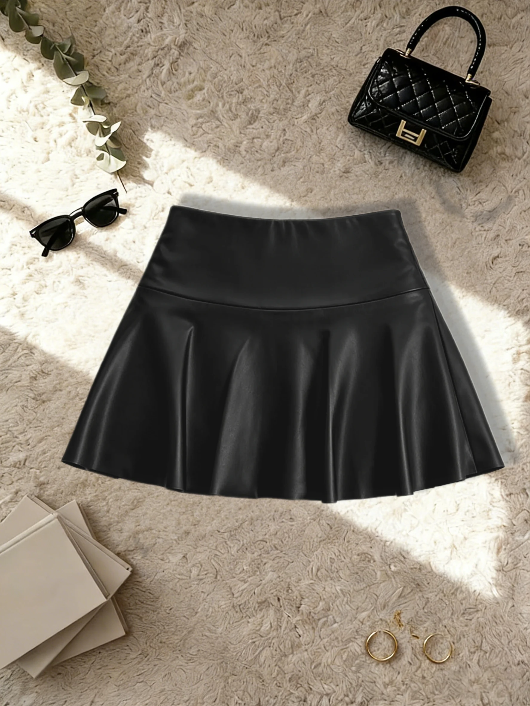 omen High Waist Faux Leather Skater Mini Skirt Flared A-Line Short Skirt With Safety Shorts Club Party Streetwear