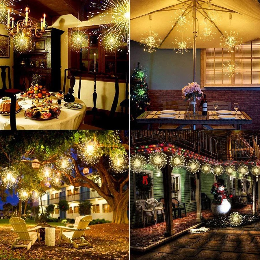 Battery/Plug-In Outdoor Fairy String Light Firework Light LED Hanging Starburst Light Copper Wire LED Light with Remote 8 Modes