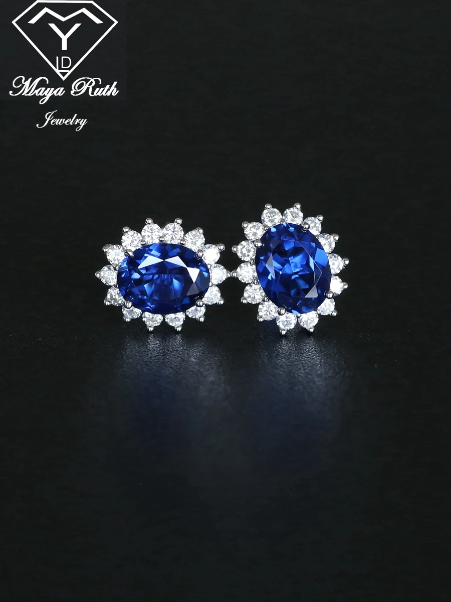 Creato Sapphire Halo Diana Princess orecchini da festa in vero argento Sterling 925 per le donne regalo femminile di forma ovale con pietre preziose