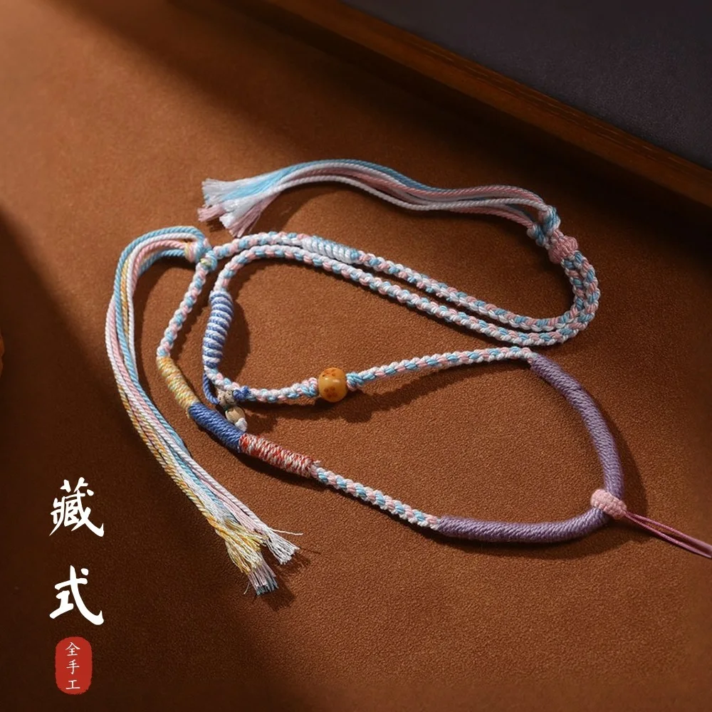 

Tibetan Handmade Four Strand Braided Thangka Pendant Beeswax Necklace Jade Hanging Colorful Rope Sweater Chain Lucky Jewelry