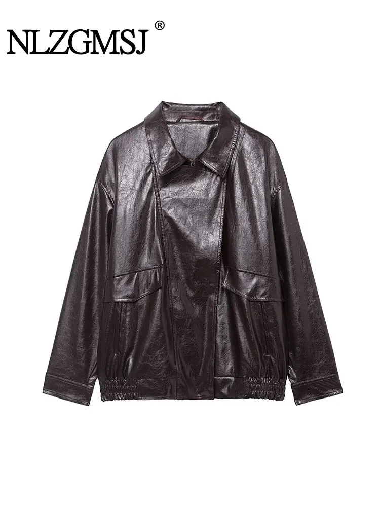 

NLZGMSJ женская свободная куртка из искусственной кожи, осень 202, осень, мотоциклетная куртка большого размера с длинными рукавами и стойкой, пальто, женская верхняя одежда Y2K