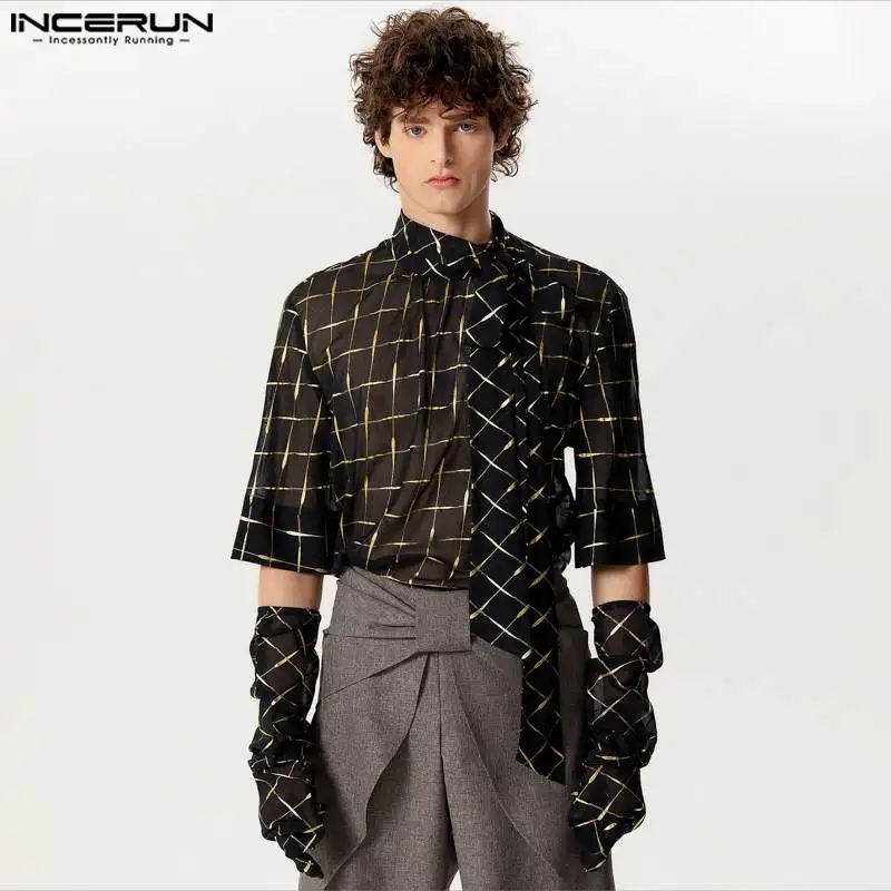 

INCERUN Men Shirt Printing Stand Collar Half Sleeve Gloves Chiffon Casual Men Clothing Streetwear 2024 Transparent Camisas S-5XL