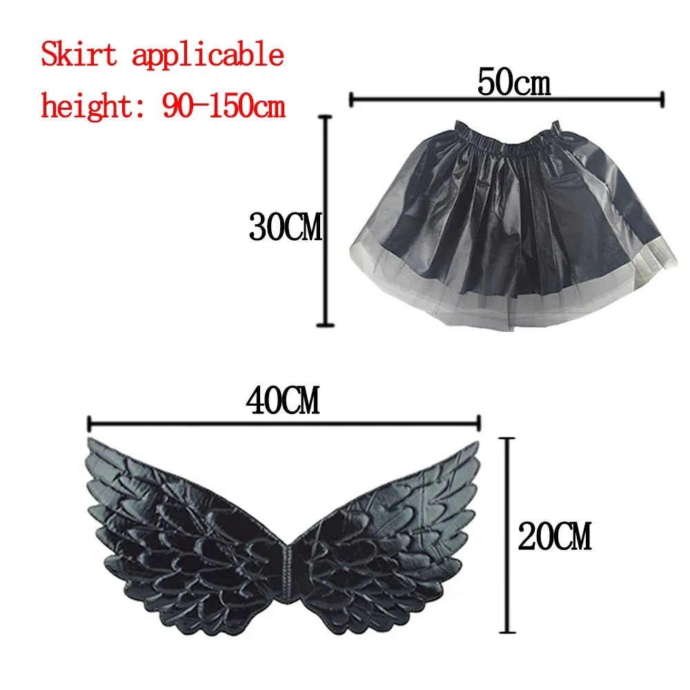 Kids Black Queen Demon Ox Horn Wings Skirts Cosplay Costume Suits Children Girls Halloween Evil Devi Angel Party Clothes Props