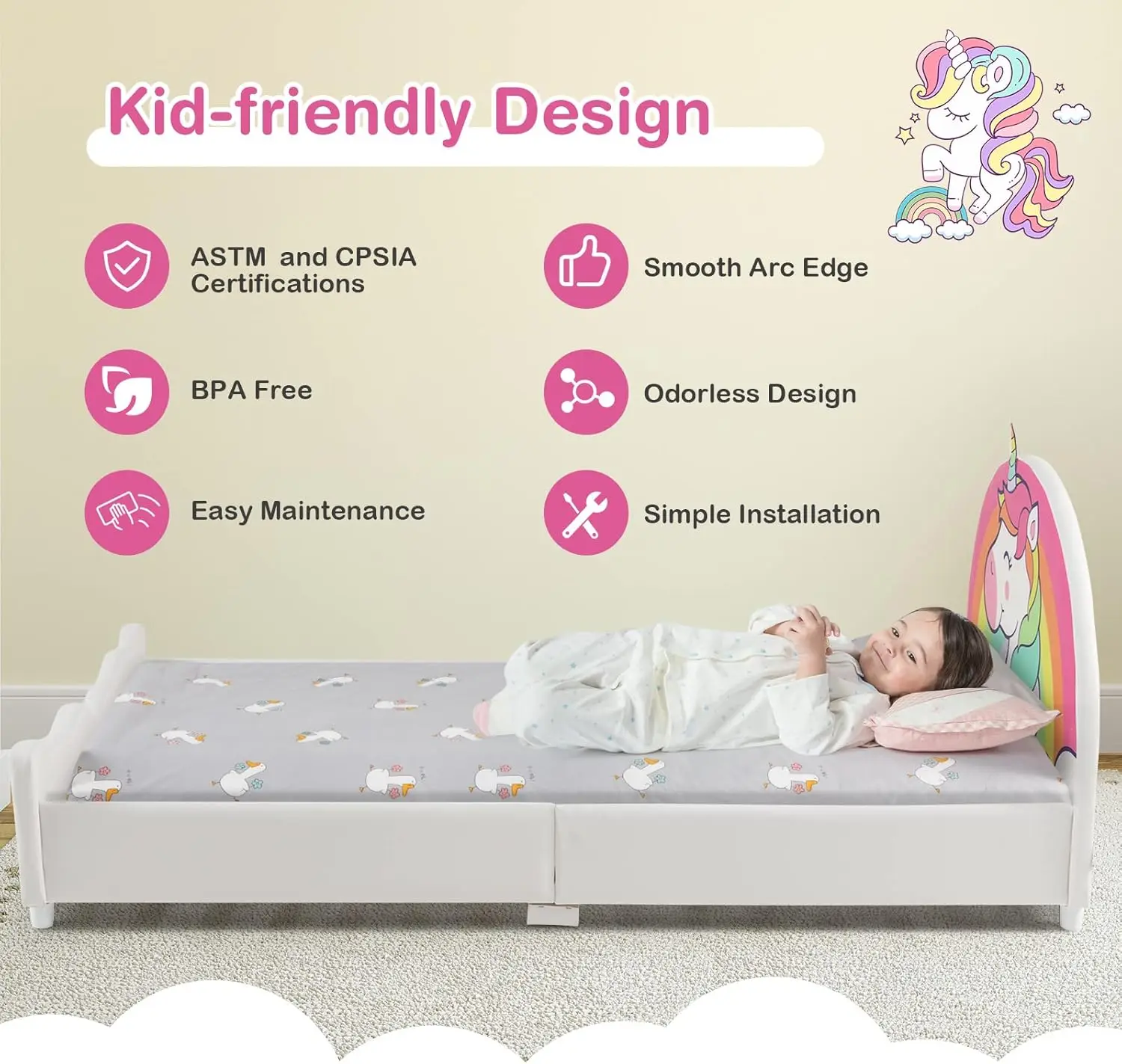 Twin Bed Frames for Kids, Wood Upholstered Twin Bed Platform with Slat Support, Padded Headboard&Footboard, No Box Spring Needed