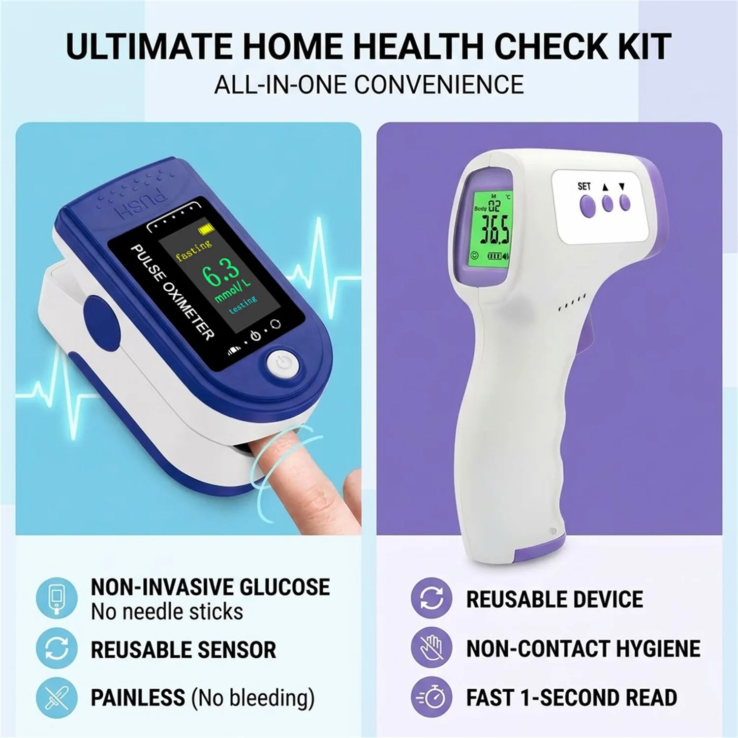 2 in 1 No Bleeding Finger Blood Glucose & Oxygen Detector,Non-contact Infrared Forehead Thermometer Digital Temperature Meter