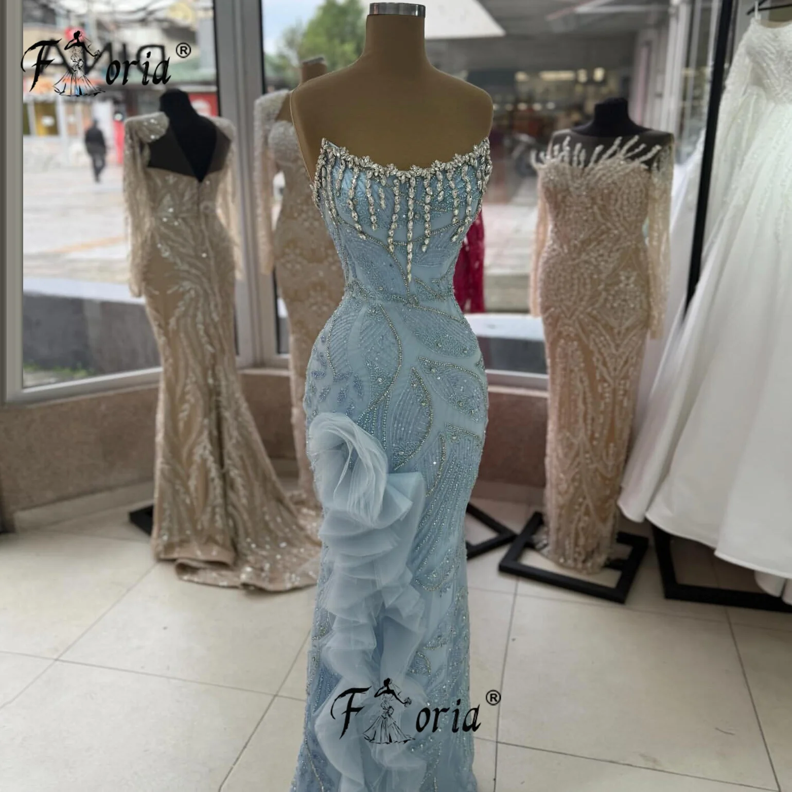

Elegant Crystal Blue Mermaid Gala Party Dress Evening Beaded Ruffles Arabic Woman Prom Formal Event Gowns cerimonia Robe Soiree