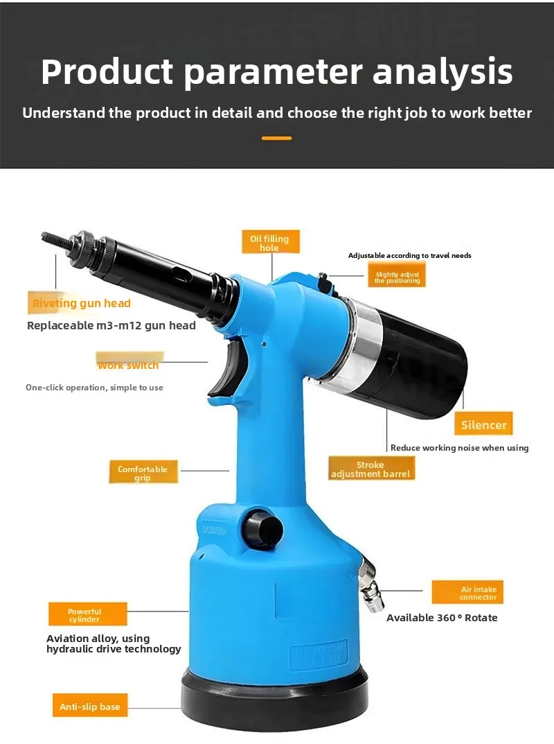 Automatic Pneumatic Riveting Nut Gun Industrial Grade Riveting Gun M3-M12 Stainless Steel Nut Pneumatic Riveting Gun