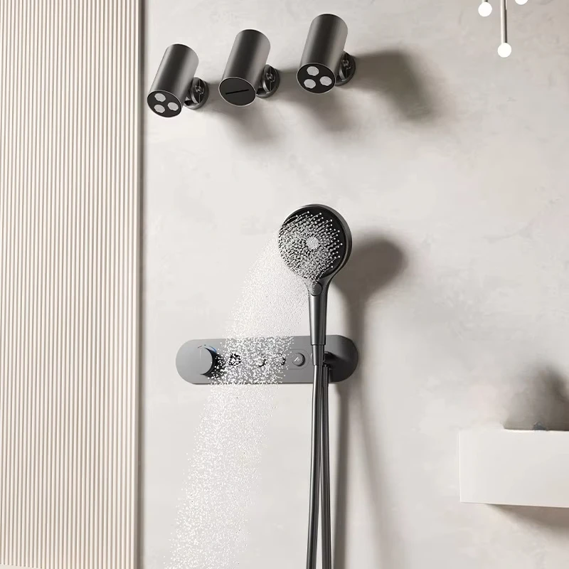 Concealed Copper Thermostatic Light Luxury Shower Set Embedded Wall Waterfall Effect Digital Display Hot Cold Water Shower