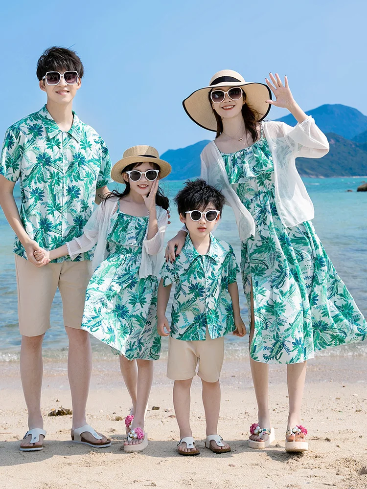 커플 플로럴 셔츠 세트 반팔 티셔츠 비치 휴가 섹시 비치 스트링 드레스 드레스 보일 스타일 미드 웨이스트 프린세스 스커트