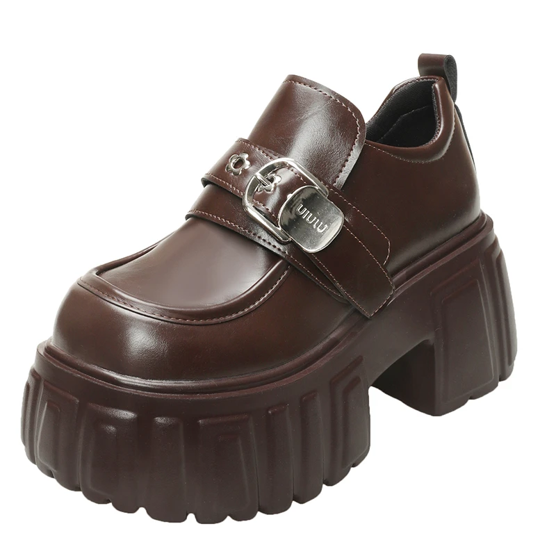 

8.5CM Heels Chunky Sneakers New 2025 Spring Leather Pumps Comfortable Slip-on Casual Shoes High Platform Buckle Sports Sneakers