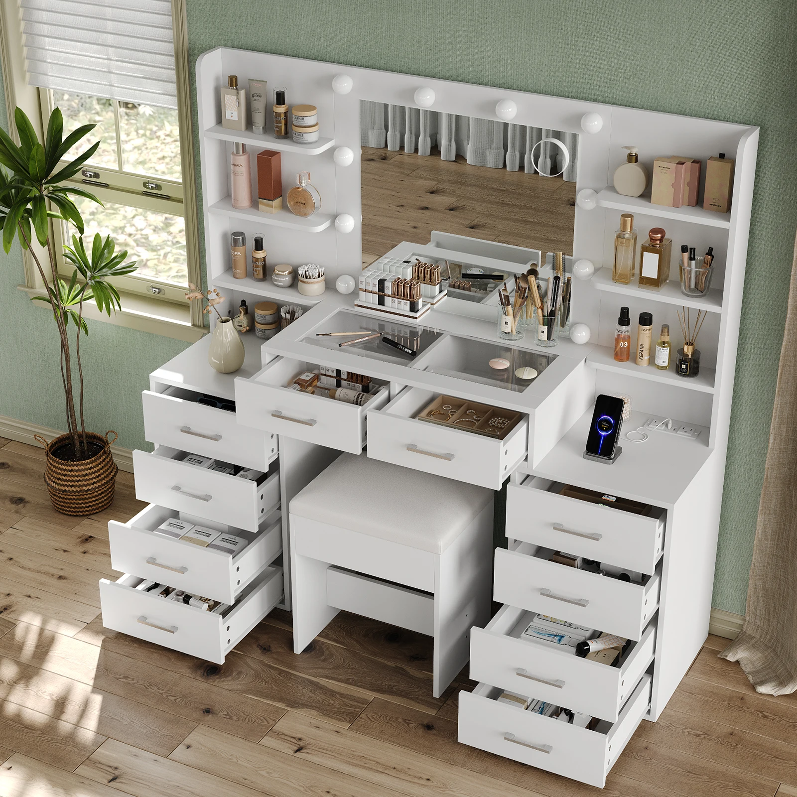 Modern Minimalist Vanity Set, LED Lighted Mirror with 3 Brightness Adjustment Levels, Multiple Drawers & Open Storage Shelves, Clear Tempered Glass Scratch-Resistant Top with USB Charging Port