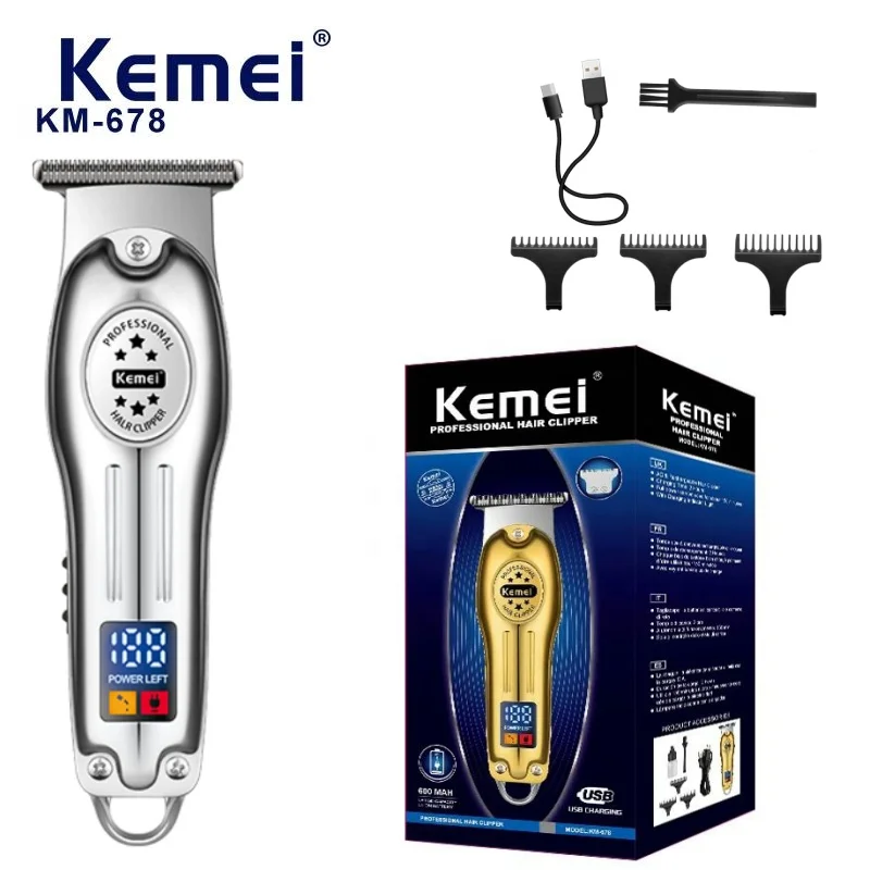 Kemei-KM-678 Portátil Mini Clipper De Cabelo De Metal, Aparador Elétrico Profissional, Máquina Recarregável Do Cortador De Cabelo, Display LCD