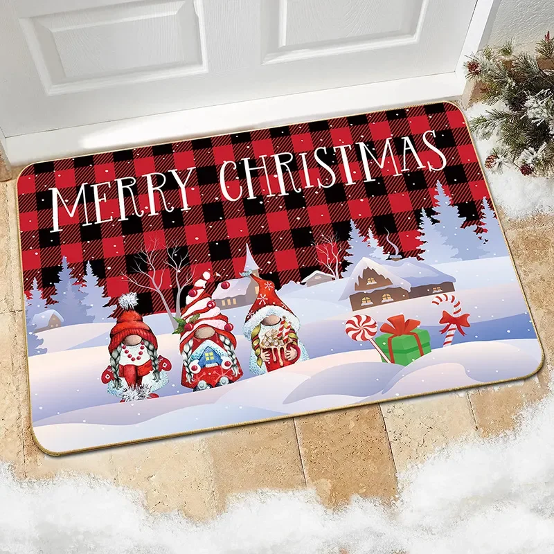 Merry Christmas Gnome Snowflake Red Check Entrance Doormat Home Decor Kitchen Hallway Balcony Rugs Bathroom Non-slip Mat