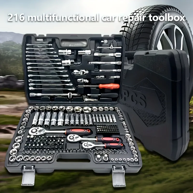 1 conjunto de ferramentas de reparo de carro de 46 peças, caixa de ferramentas de chave de catraca, kit de reparo de soquete de manutenção de carro, kit de hardware, kit de ferramentas de reparo de carro multifuncional