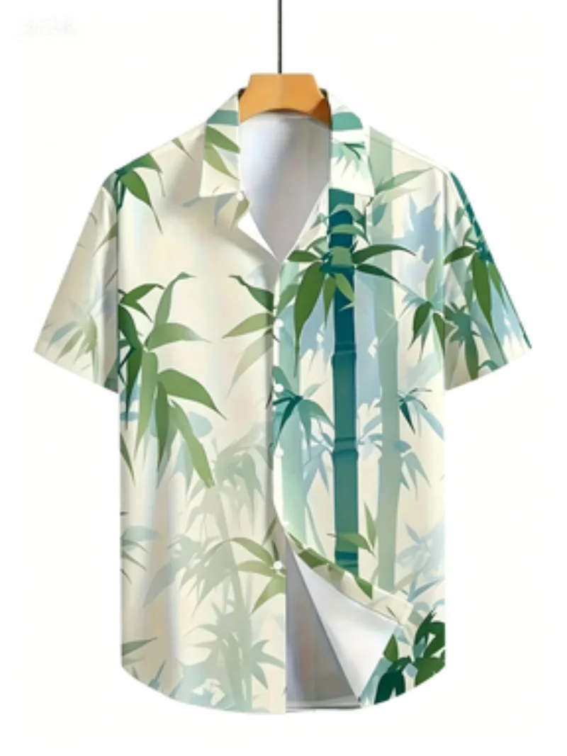 Coleção de Camisas Florais com Múltiplos Padrões para o Verão: Série Coqueiro Refrescante, Gola Versátil e Efeito Emagrecedor, Manga Curta