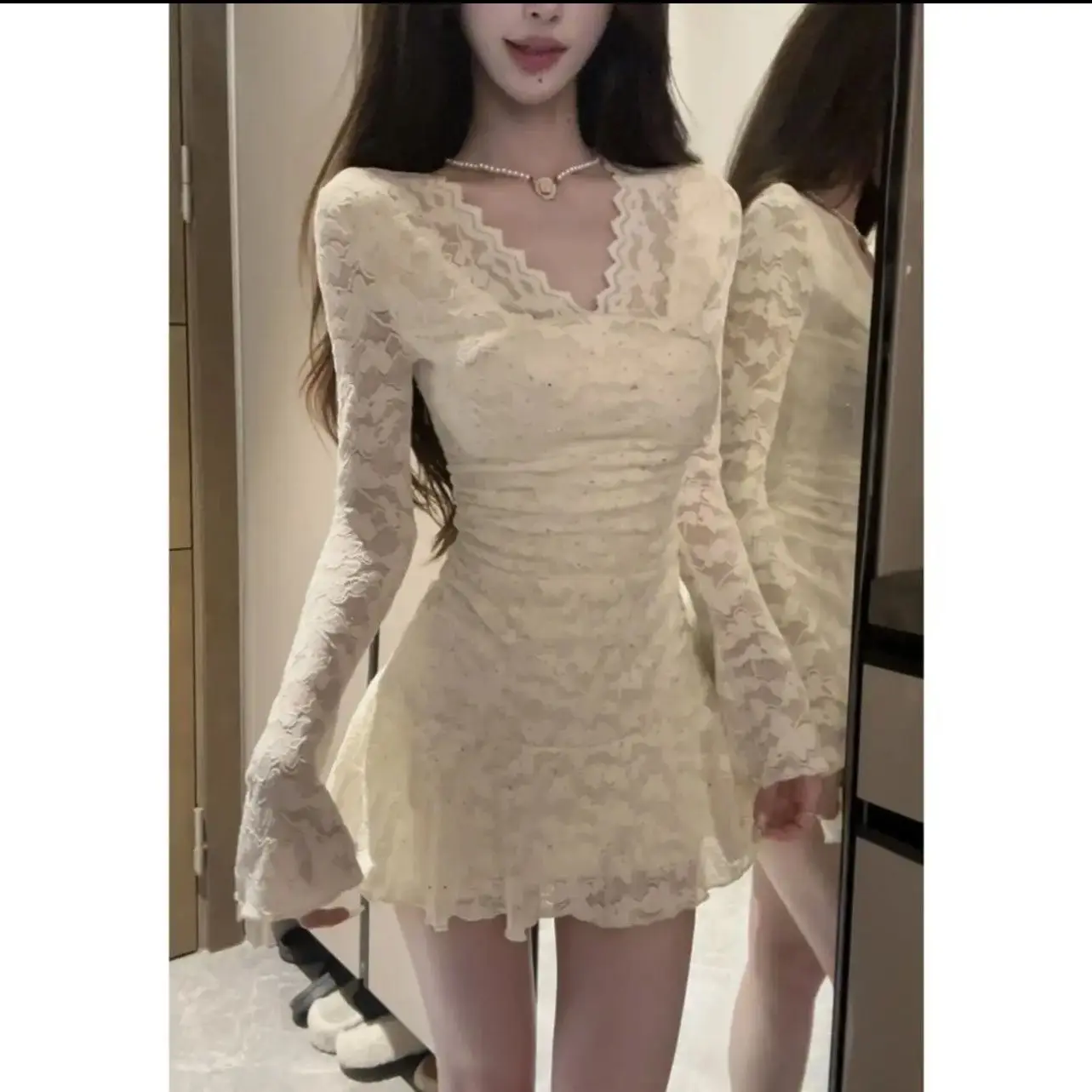 French style trendy rhinestone lace sweet flared sleeve dress for women in spring and autumn, new age reducing dress