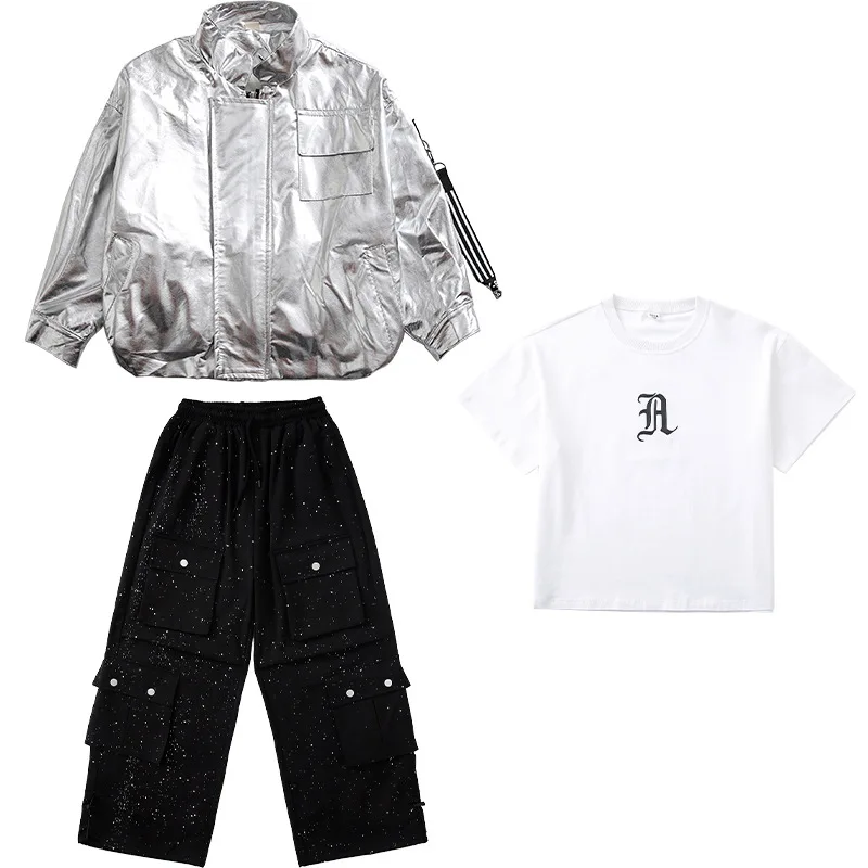 طفل الهيب هوب الملابس الفضة بولي Metal المعادن دراجة نارية سترة أعلى الأسود الفضة مبعثر البضائع السراويل لفتاة صبي ملابس رقص الملابس #5