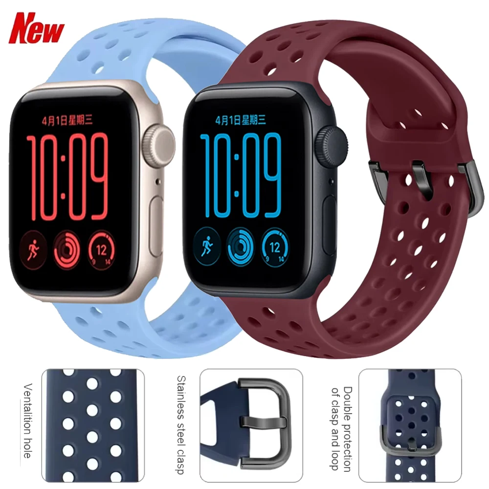 Band For Apple Watch SE3 44/40mm Silicone Breathable Adjustable Wristband For iWatch 12 11 10 46/42mm Ultra 4/3/2/1 49mm Correa