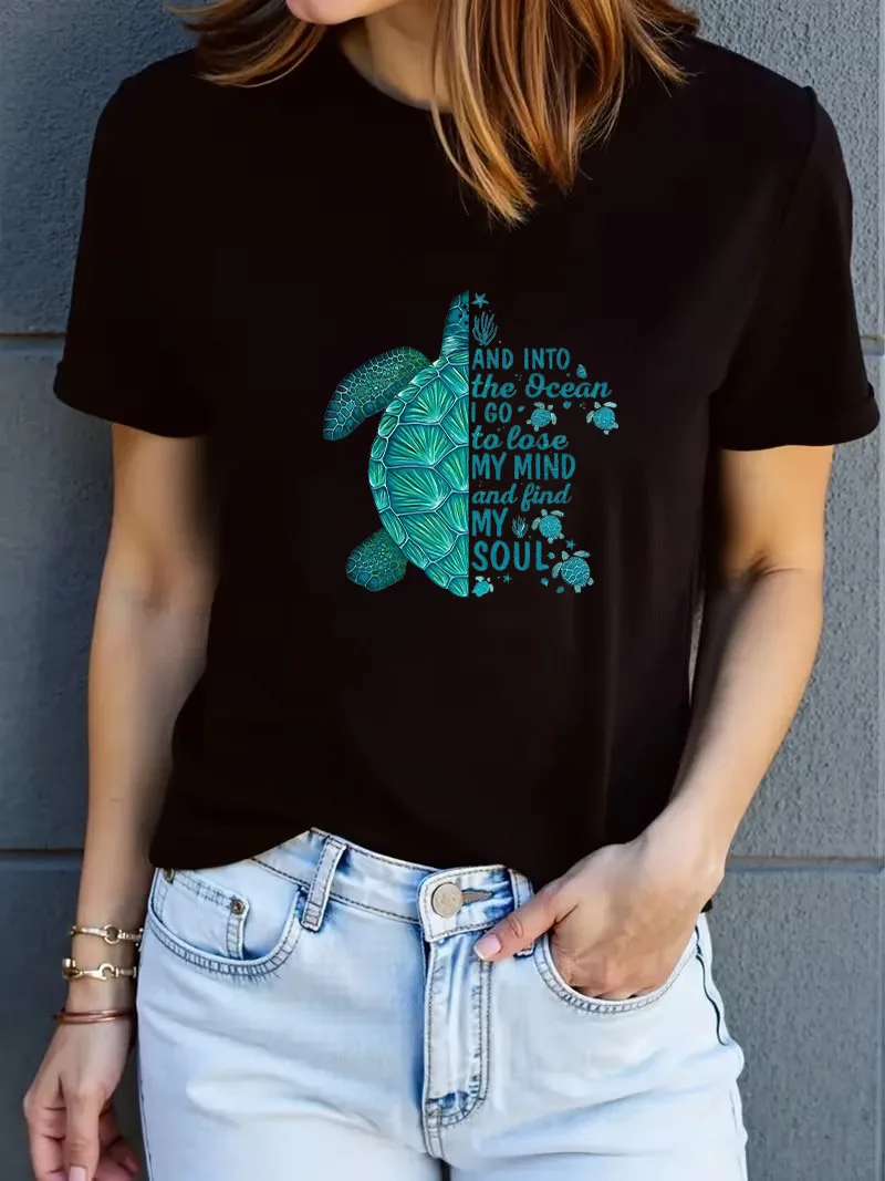 Retro Ocean Sea Turtle Print Lady Tee Funny Graphic Short Sleeve Tee Women Casual Loose Streetwear Daily Wear Simple Stylish Tee
