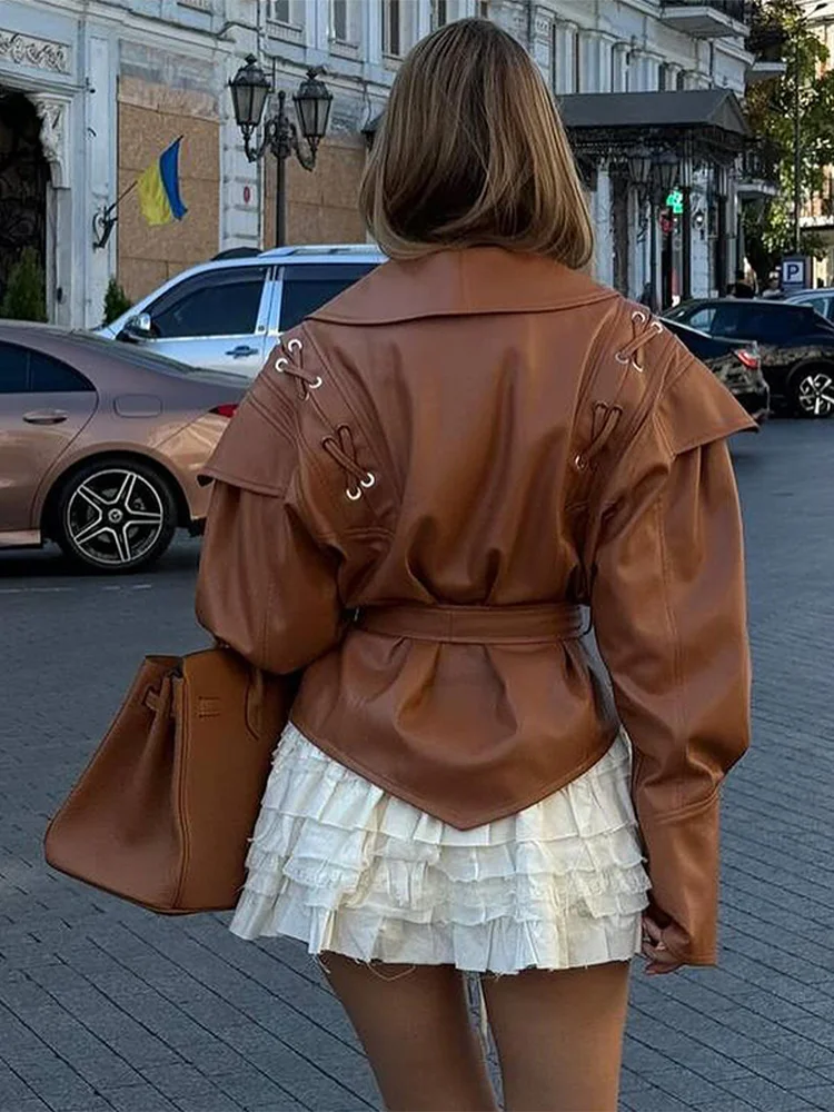 

Vintage Women's Leather Jacket With Belt Slim Lace Up Lapel Long Sleeve Short Coat Autumn Lady Outerwear Y2k High Street