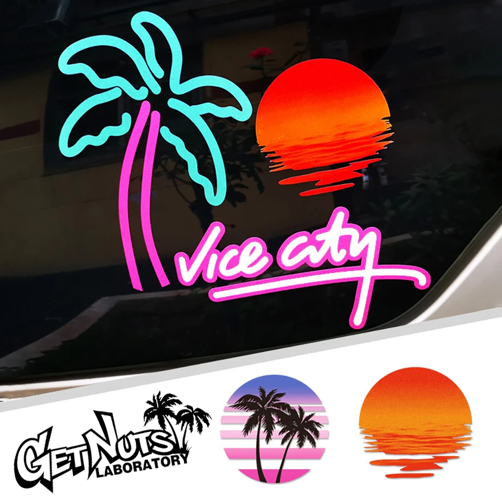 Sunset Neon Light albero di cocco atmosfera retrò adesivo decorativo per finestrino dell\'auto impermeabile Ins Style Vice City decalcomania per moto