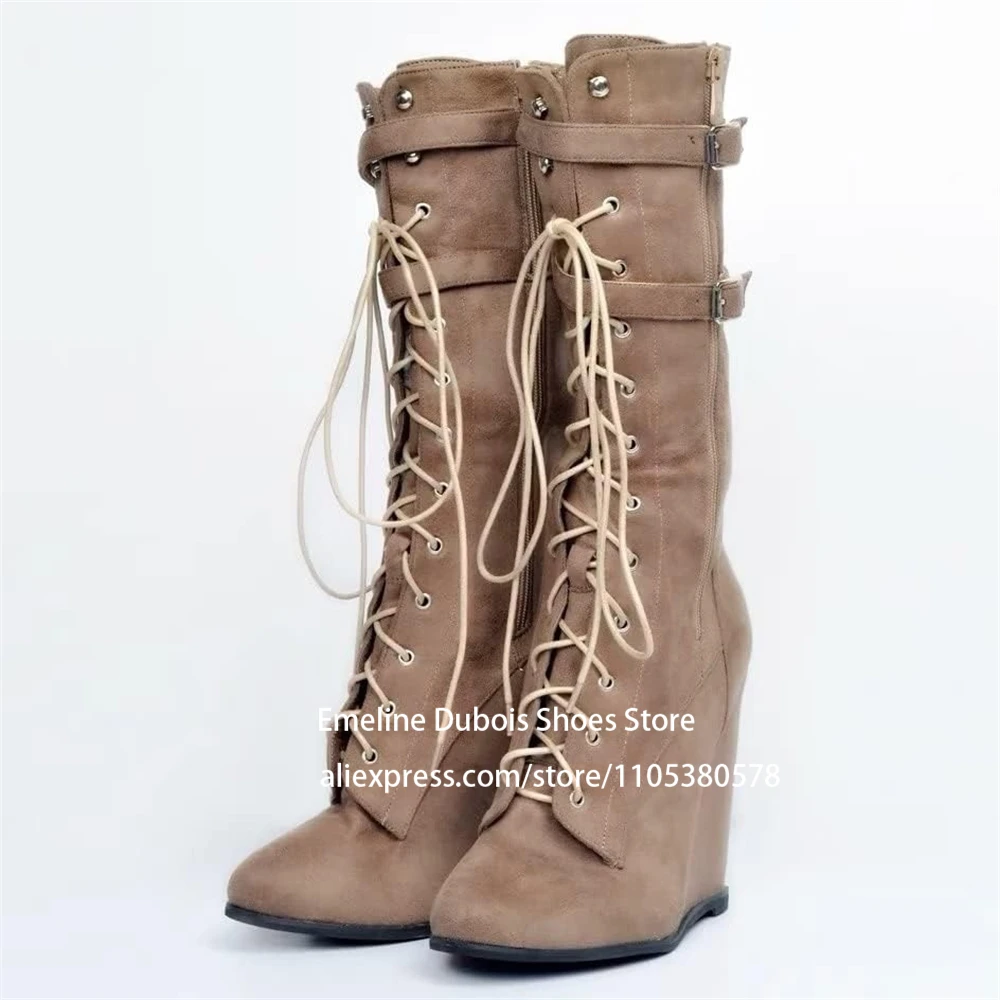 

Suede Wedge Heel Knee High Long Boots Designer Lace up Buckle Belt Rivets High Heel Boots for Women Large Size Party Daily Wear