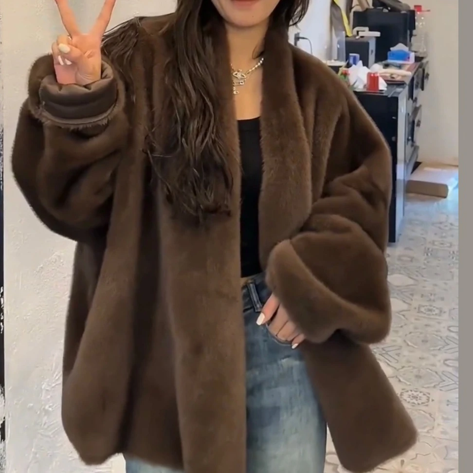 Maxi Faux Fur Coats Women Mid Length Coat Elegant Splice Thick Warm Y2k Loose Open Stitch Loose Mom Autumn Winter Streetwear