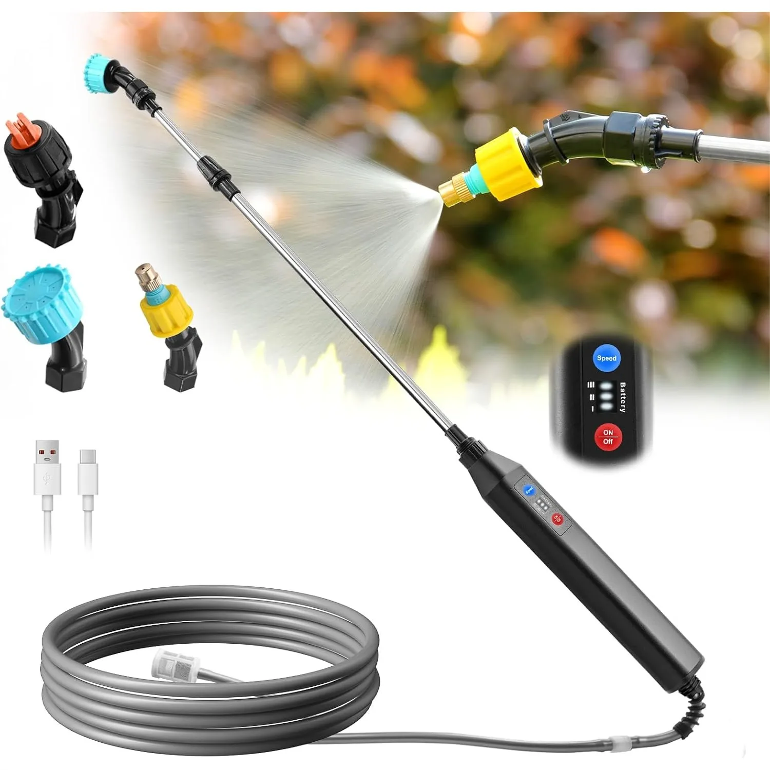 

Battery Powered Sprayer Wand 23.6in with 3 Spray Forces, 16.4ft Hose, 3 Nozzles for Lawn and Garden