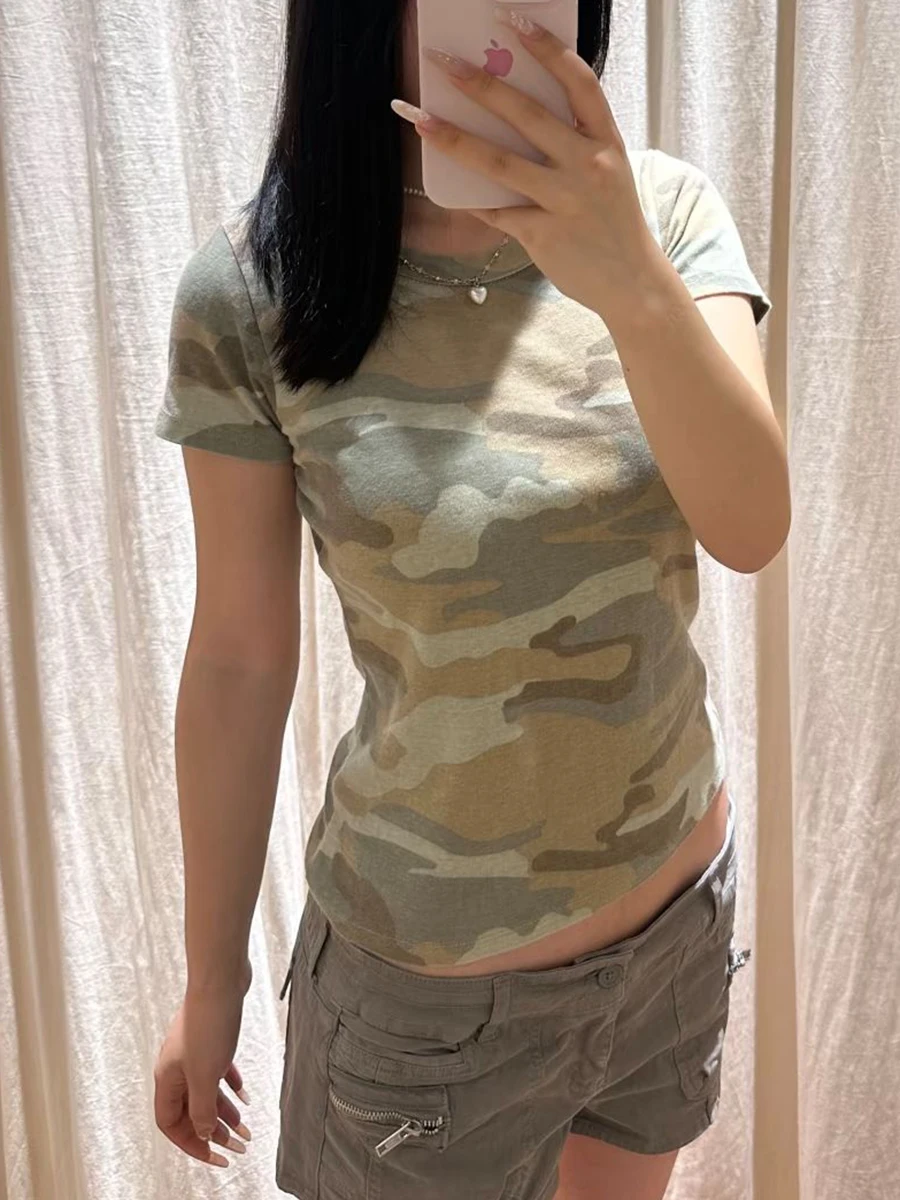 Camouflage Cotton Woman's T-shirt Summer O-neck Short Sleeve Slim Tee Tops American Vintage Casual Streetwear Tshirts Y2k Top
