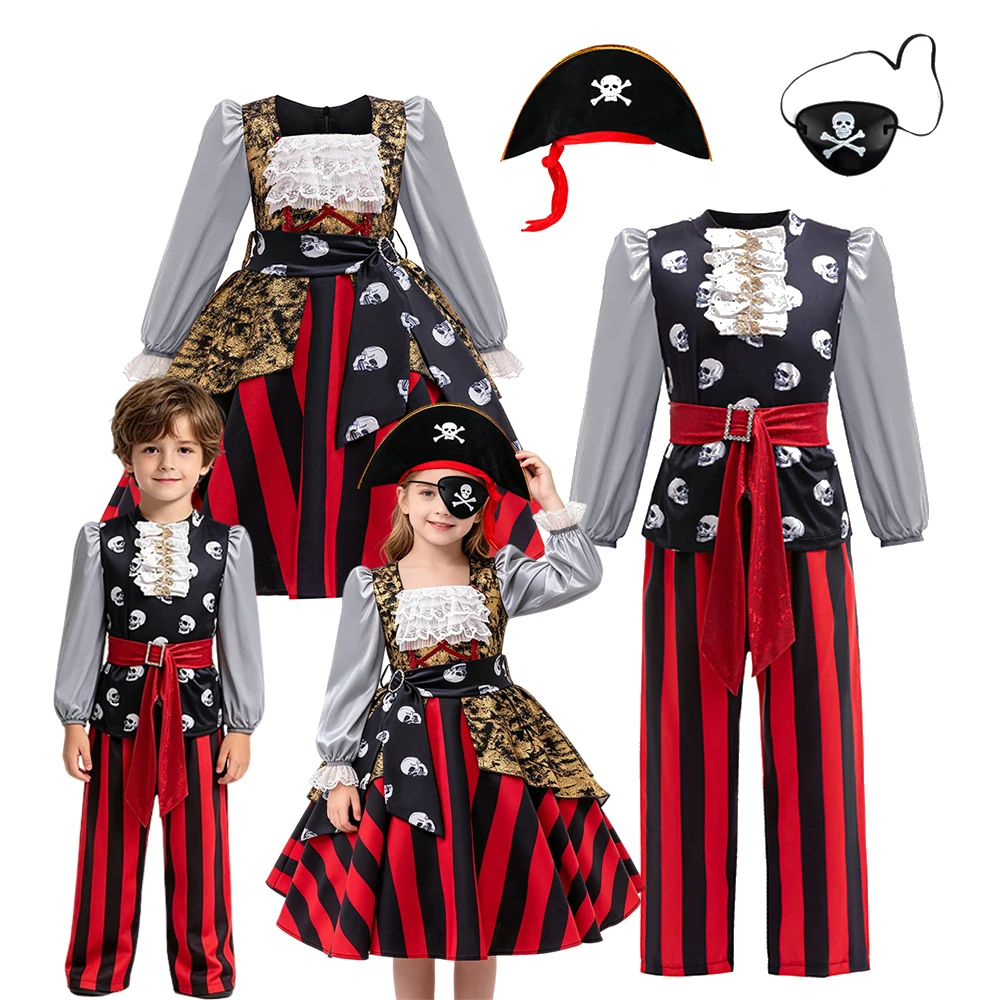 Kids Pirate Costume Set Girls Red‑Black Striped Gown Boys Skull Vest Pants for Halloween Cosplay Birthday School Carnival Party