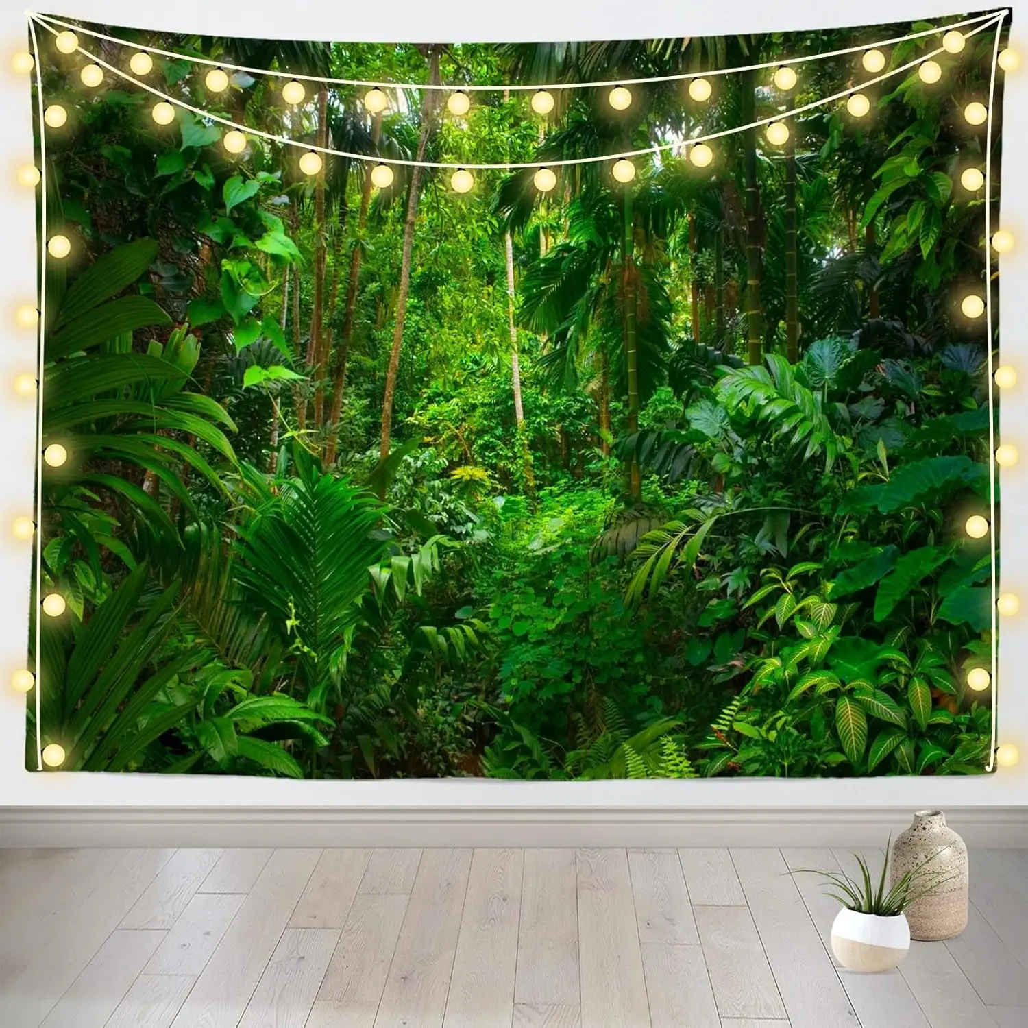 Tranquil Tropical Rainforest Tapestry, Lush Green Jungle Plants Landscape Wall Hanging, Aesthetic Cottagecore Decor for Home