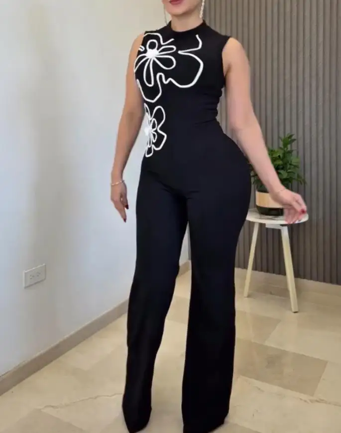 Women's One-Piece Pants Daily Long Jumpsuit 2025 Summer New Fashion Floral Print High Neck Sleeveless Elegent Jumpsuit for Women
