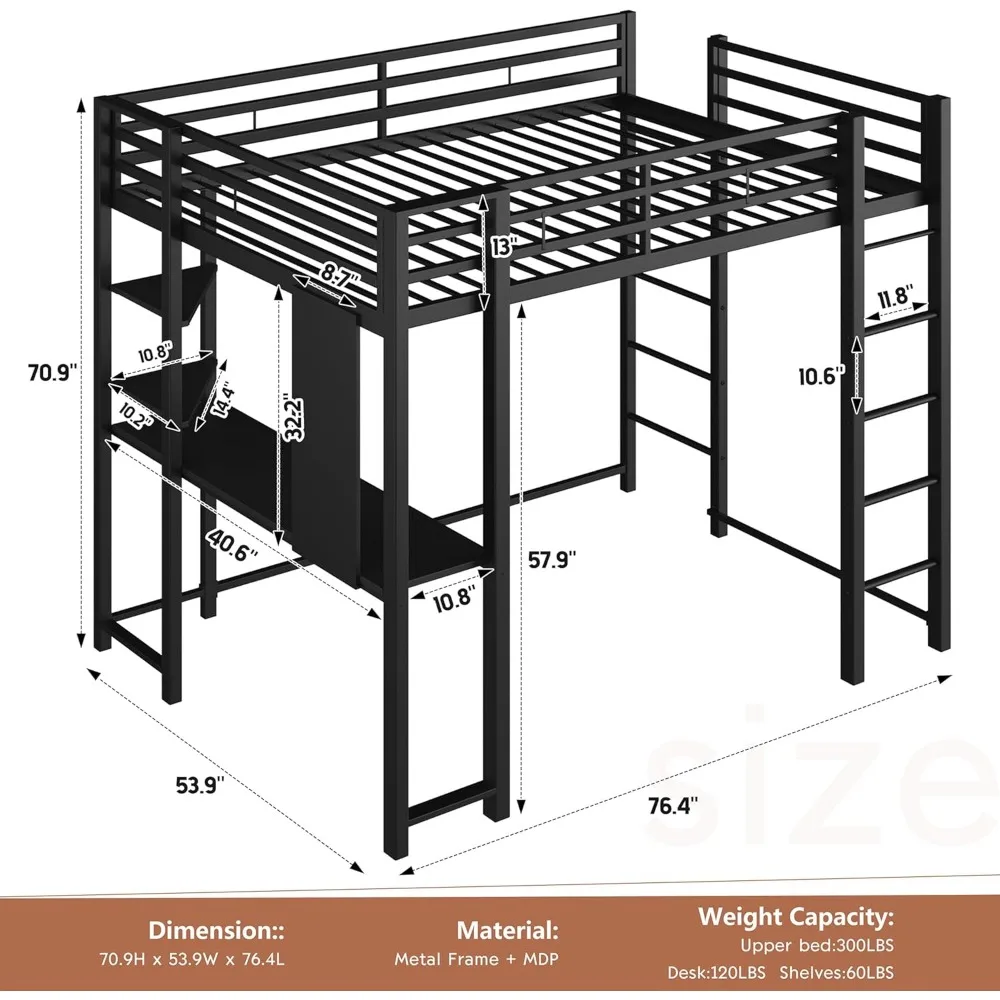 Loft Bed Full Size with Desk and Storage Shelves, Full Bed Frame with 2 Side Ladders for Kids, Teens Adults