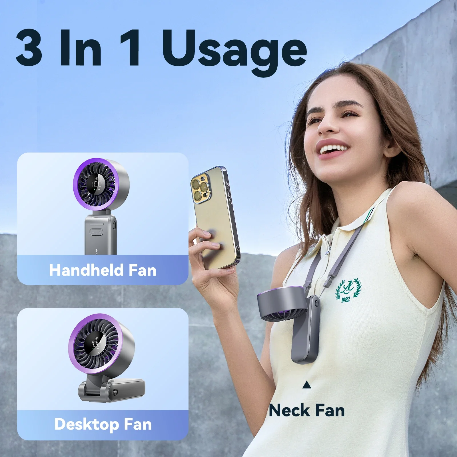 مروحة MUXNW 3 في 1 المحمولة المحمولة: مروحة شخصية صغيرة بقدرة 3600 مللي أمبير في الساعة قابلة لإعادة الشحن وقابلة للطي USB - تبريد صيفي للسفر على الشاطئ