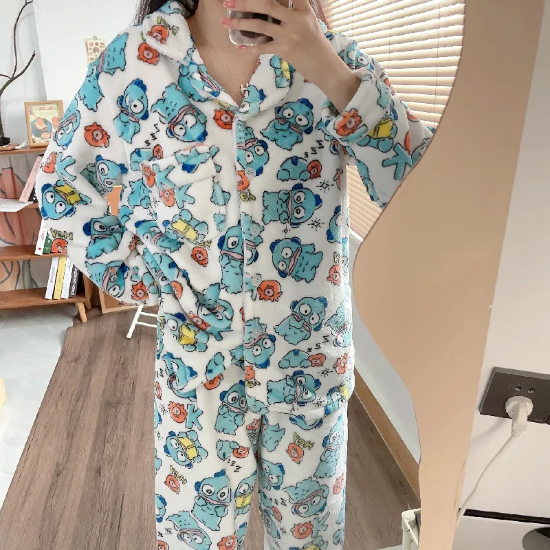 Sanrio Kawaii Hangyodon Leisure Winter Pajamas Cute Long-Sleeved Thickened Cartoon Anime Printed Girl Household Clothes Two Sets