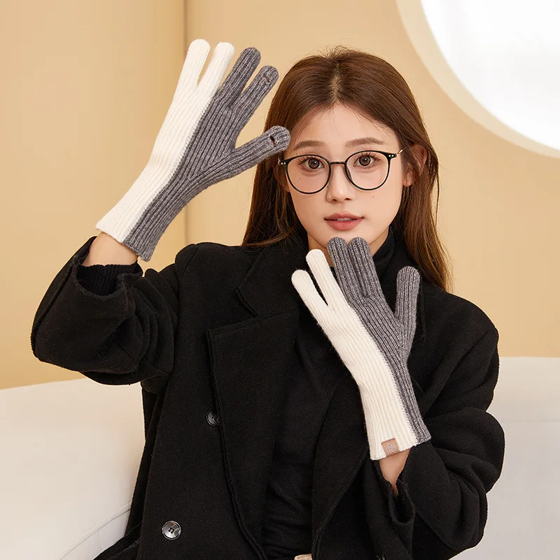 2025 Autumn and Winter Patchwork Knitted Women's Warm Gloves Fingerless Touch Screen Cold-proof Cutting Gloves