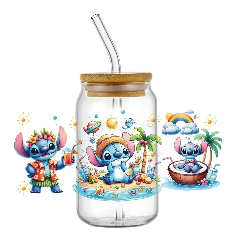 

16oz Libbey Beer Coffee Glass Can Cup Wrap UV DTF DIY Sticker Self Adhesive 3D Cartoon New Stitch Design