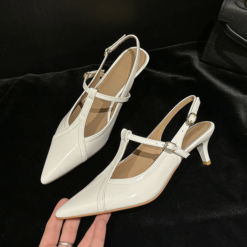 2024 summer women sandals natural leather shoes 22-24.5cm cowhide+sheepskin+pigskin pointed toe back strap high heel shoes women