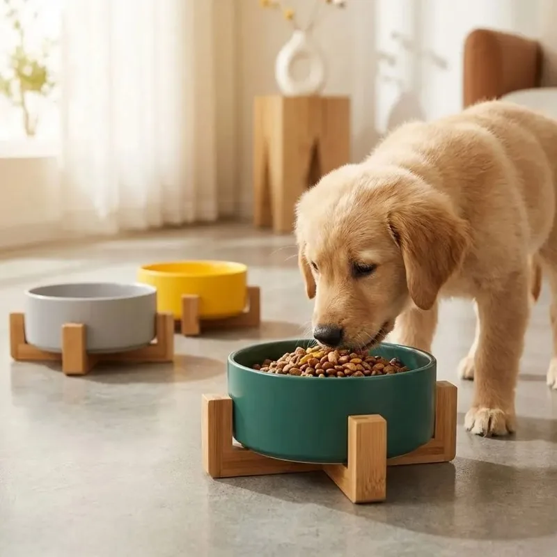 

Elevated Dog Cat Bowl Dual Feeder with Wood Base Non Slip Design for Pets Neck Support