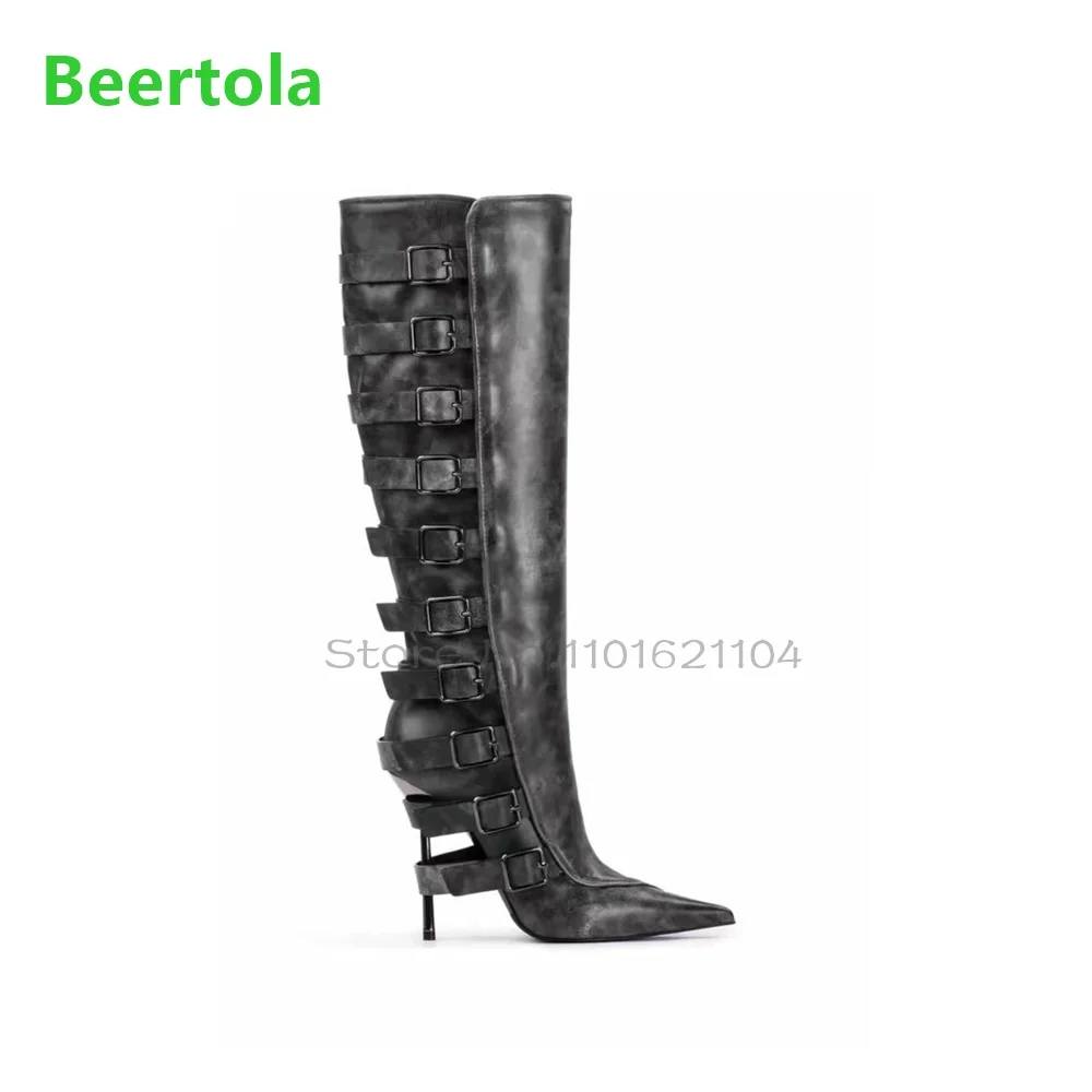 Black Pointed Toe Thin High Heel Boots For Female Women 2025 Winter Metal Buckle Design Side Zipper Sexy Fashion Leather Shoes