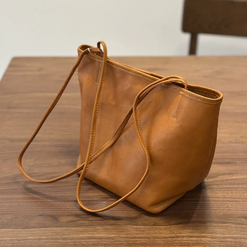 Retro genuine leather mother and child bag tote small bag 2026 new style single-shoulder bag bucket bag top layer cowhide