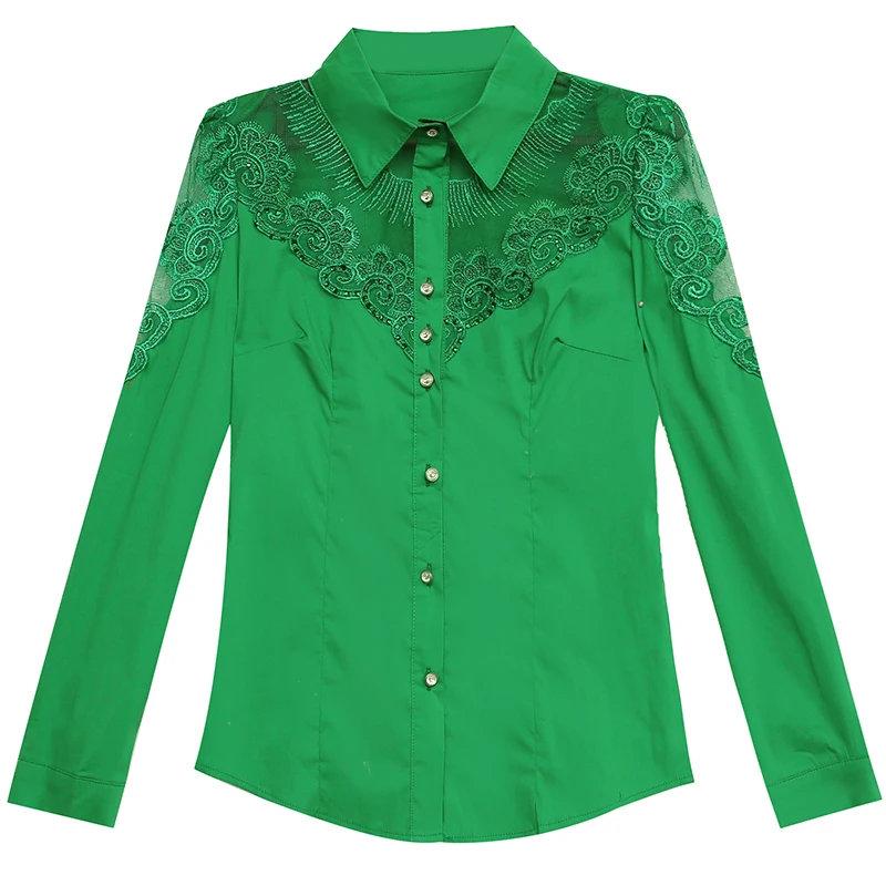 Elegant Women Long-sleeved Lace Blouse New fashion Stitching Cotton shirt Slim Single-breasted Hot drilling OL Tops