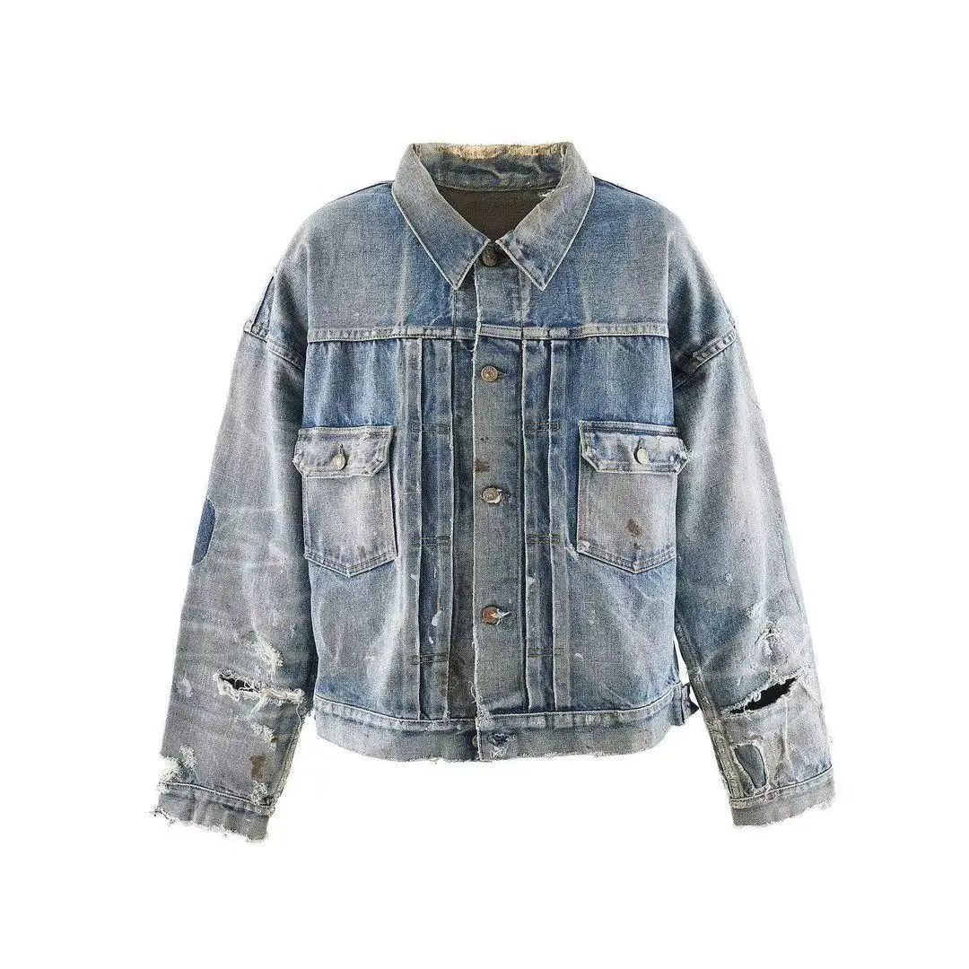 Saint Vintage Distressed Denim Jacket Men Ripped Destroyed Washed Oversized Trucker Coat Grunge Streetwear Jean Outerwear